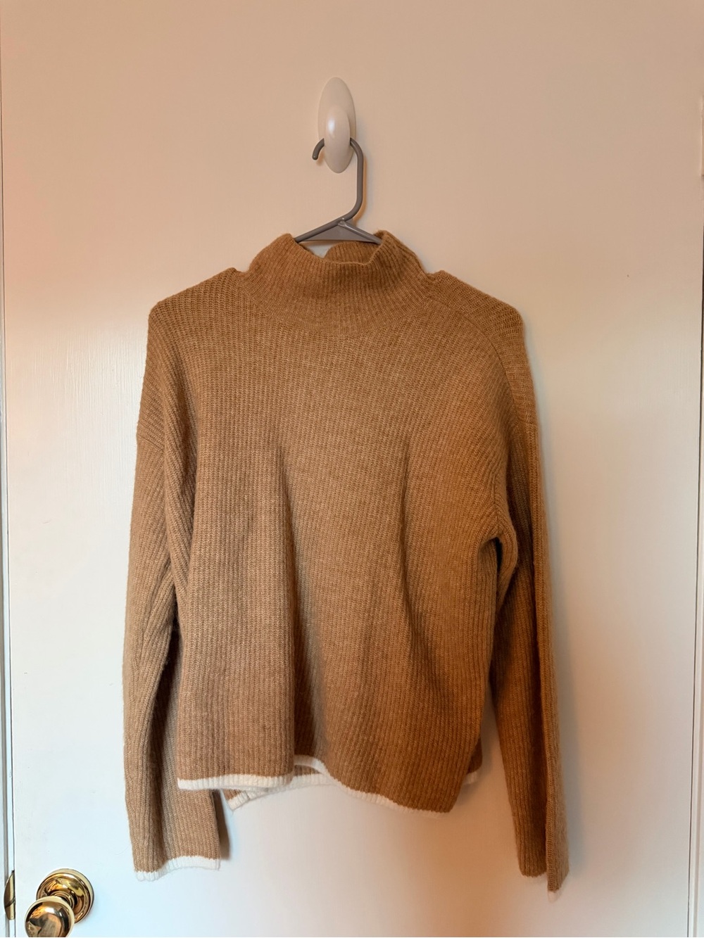Ann Taylor Camel Ribbed Mock Neck Sweater with Cream Trim